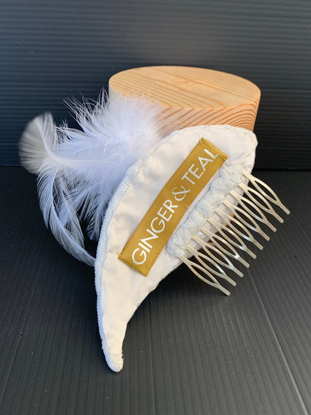 Ella - white satin curl with dotted tulle overlay and feathers