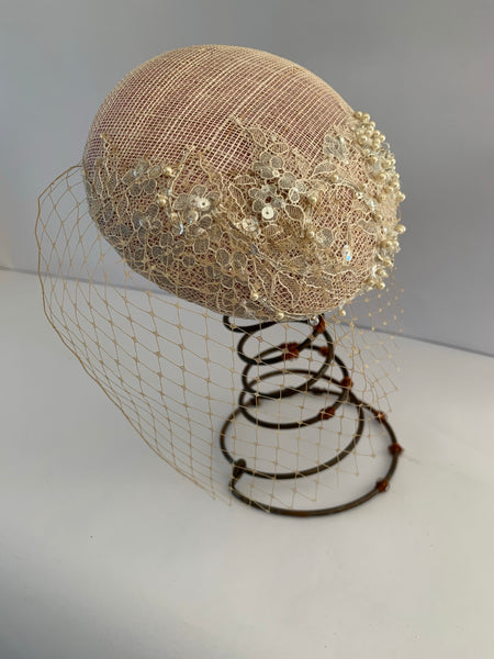 Jeannie - Blush pink small button fascinator with ivory pearl embellished lace and tiny cafe au lait colour veil