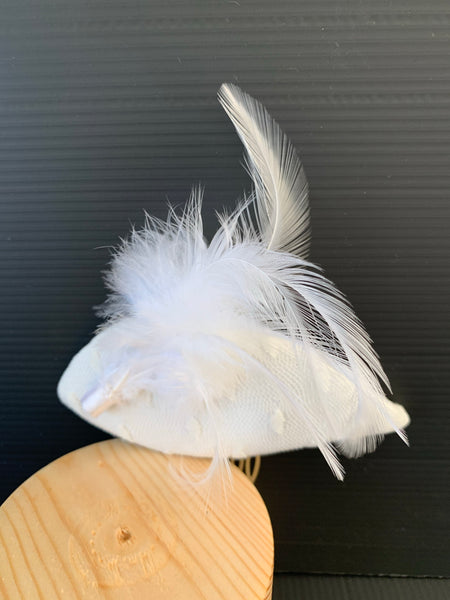 Ella - white satin curl with dotted tulle overlay and feathers