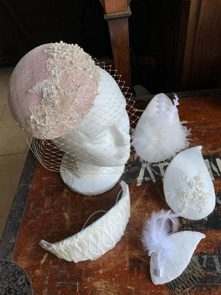 Jeannie - Blush pink small button fascinator with ivory pearl embellished lace and tiny cafe au lait colour veil