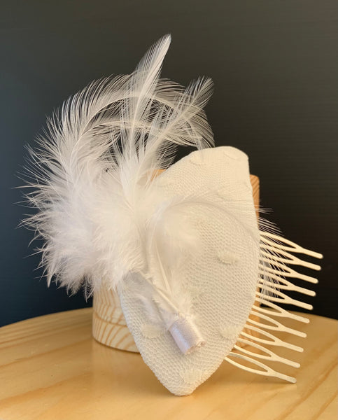 Ella - white satin curl with dotted tulle overlay and feathers