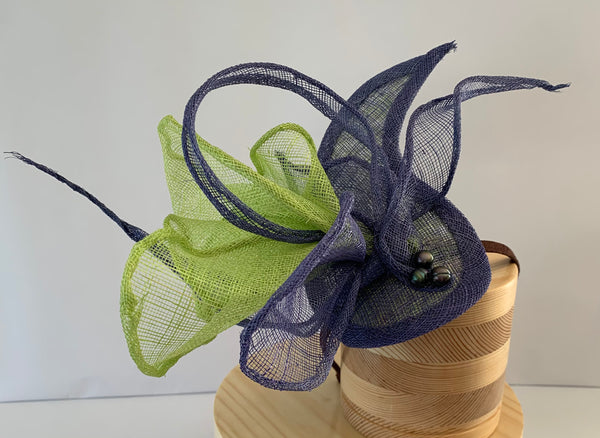 Elise - Lime green/blue abstract sculptural sinamay fascinator