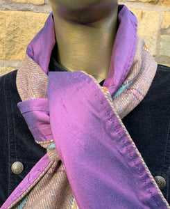 Autumn colours lambswool tartan scarf lined with rich purple silk
