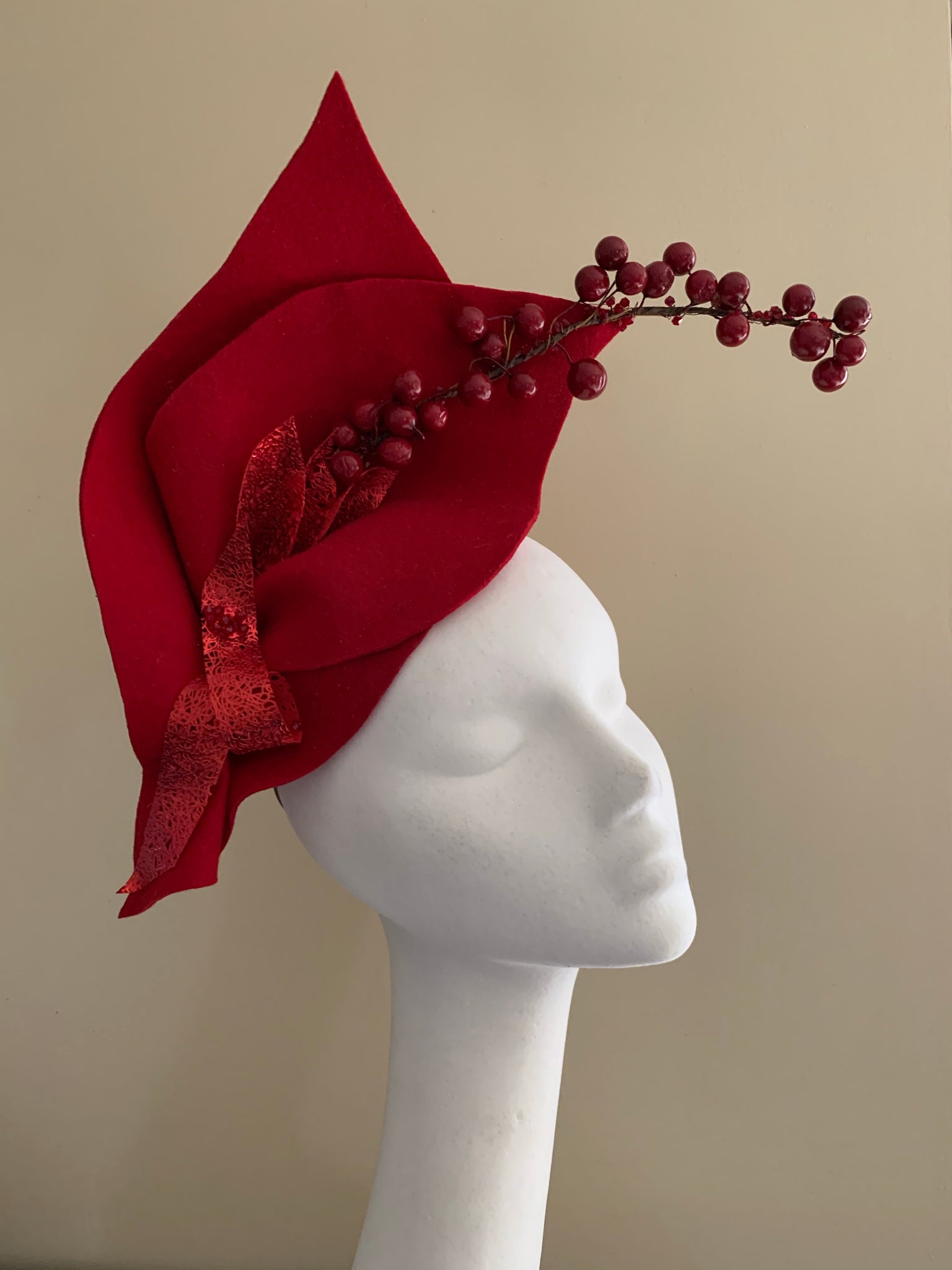 Robina - red abstract felt fascinator with self colour metallic and beaded trim