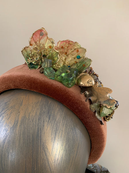 Rhona - chestnut velvet padded headband with forest floor inspired trim