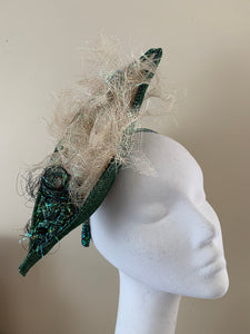 Tiona - metallic green leaf shape multi dimensional fascinator with organic metallic trim