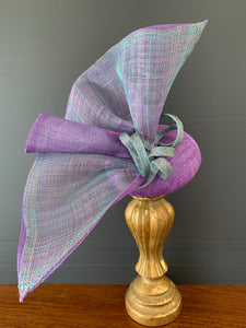 Mairi - purple/aqua button fascinator with abstract bow and loops of sinamay