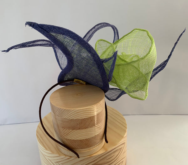 Elise - Lime green/blue abstract sculptural sinamay fascinator