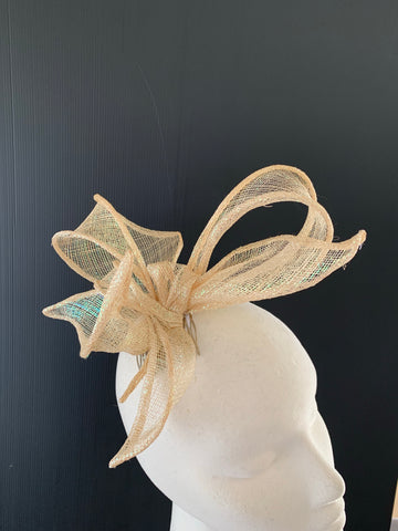 Orla - abstract twisted bow fascinator in pale metallic gold sinamay
