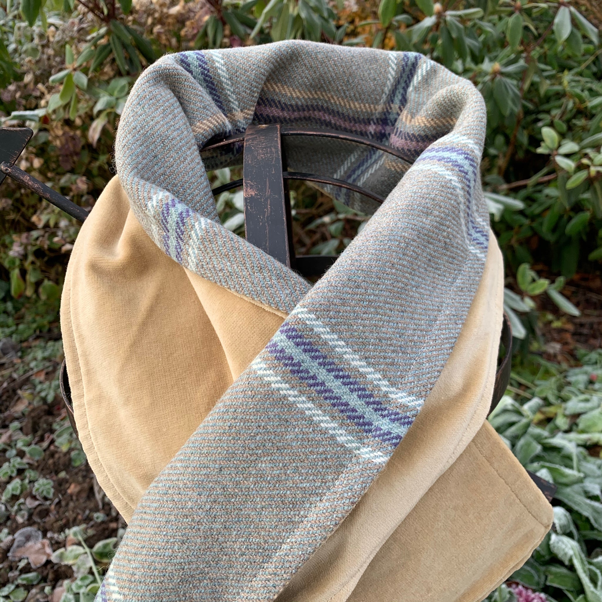 Pale blue/grey with purple line wool tartan scarf lined with cream velvet