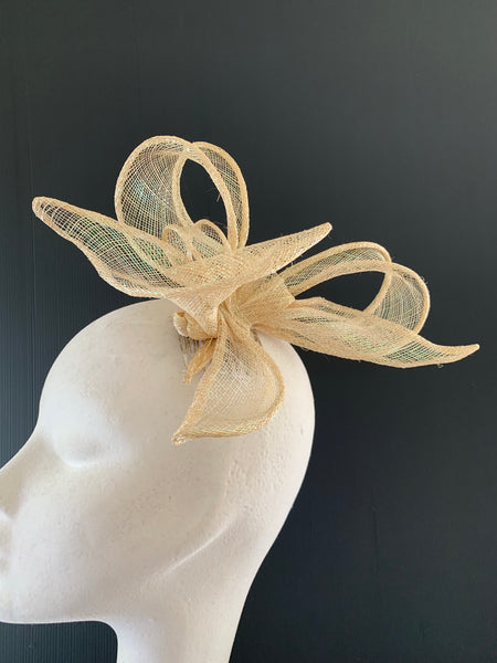 Orla - abstract twisted bow fascinator in pale metallic gold sinamay