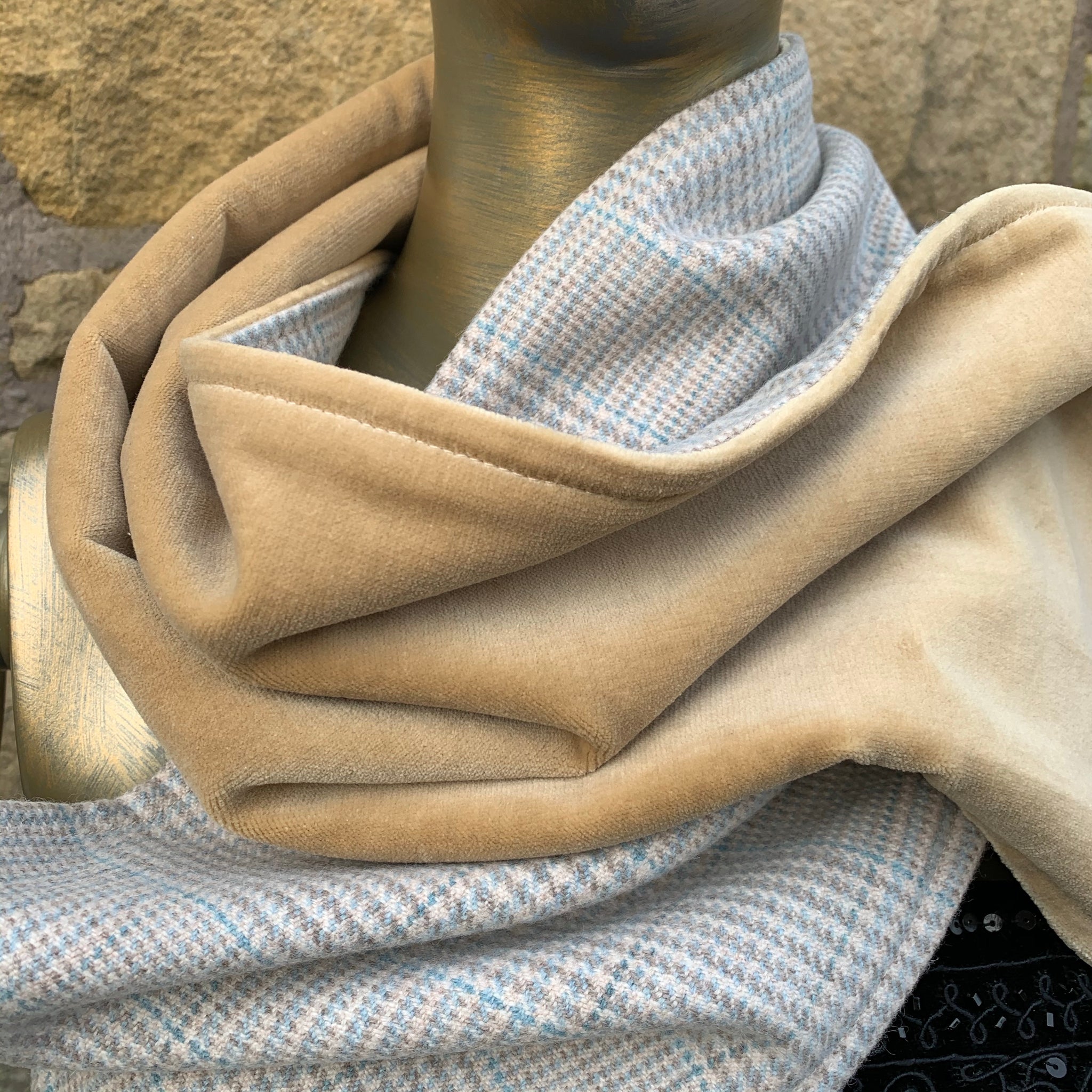 Pale blue/grey wool tartan scarf lined with cream velvet